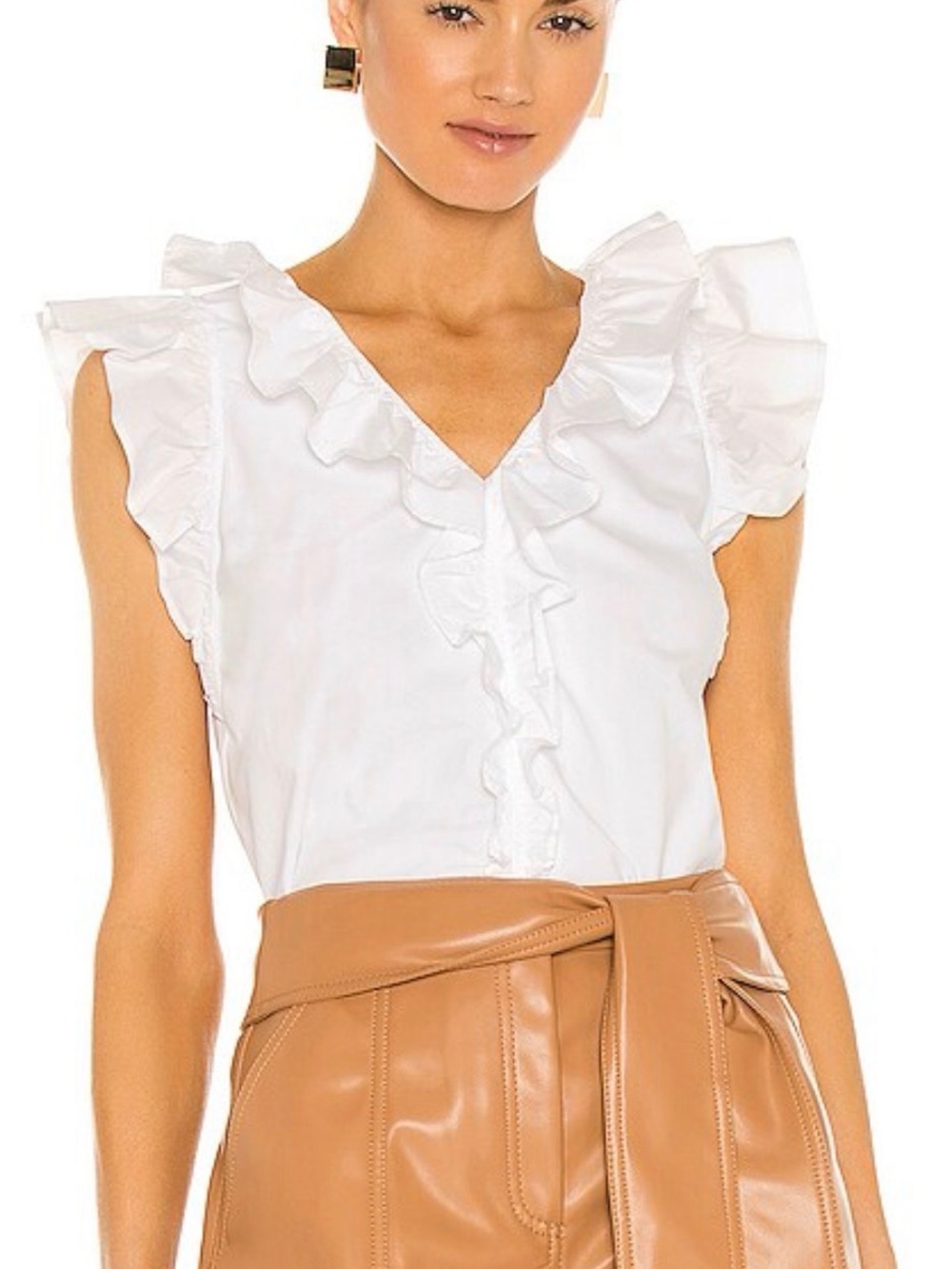 Veronica Beard White Ruffled V-Neck Sleeveless Blouse